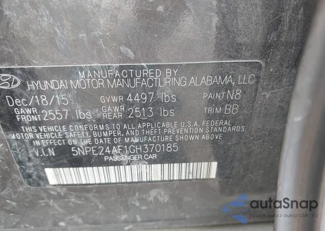 2016 Hyundai Sonata Se from USA, damaged, VIN 5NPE24AF1GH370185